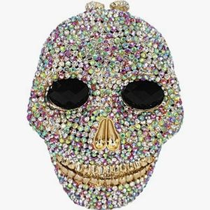 NWT Sparkling Bling Crystal Rhinestone Skull Clutch Purse Silver Gold +G…